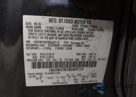 2008 Mercury Sable Premier from USA, damaged, VIN 1MEHM42W28G609110